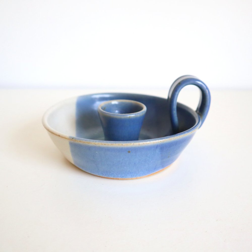 Vintage Hand Made Ceramic Chamberstick Blue and White Candle Holder